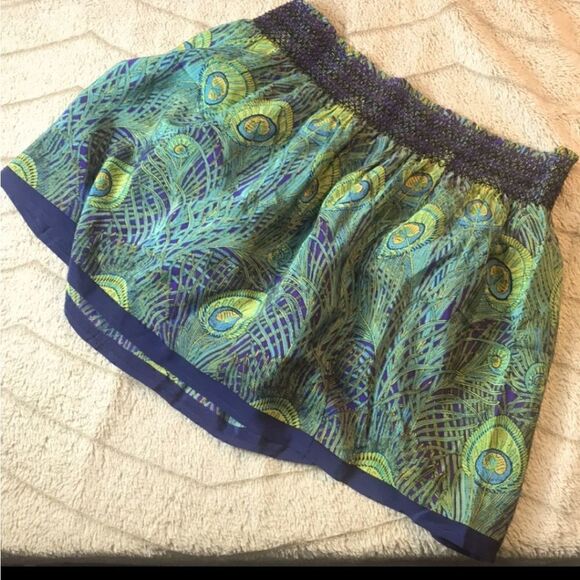 Anthropologie Silk Skirt Peacock Feather Print Kimchi Blue - Picture 9 of 14